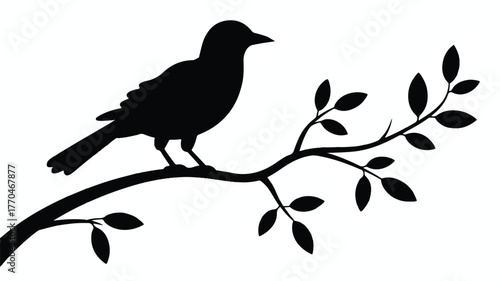 A black silhouette illustration of a bird perched on a diagonal branch.  
