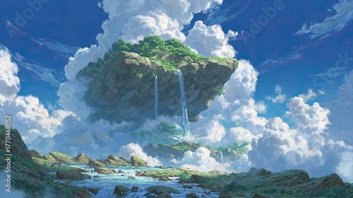 Anime background or wallpaper featuring a vast floating island in the sky waterfalls cascading into the clouds below
