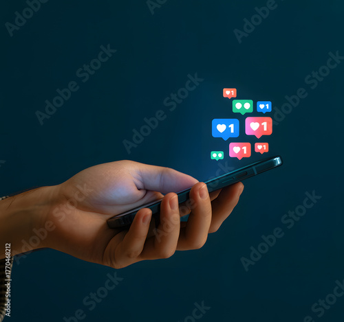 Social media engagement : A hand cradles a smartphone, illuminated by a constellation of digital notifications.