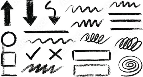 Grunge Style HandDrawn Arrows, Frames, Lines and Marks on a Transparent Background