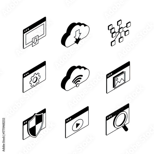 Isometric icons of cloud computing, networking, and data management isolated on transparent background