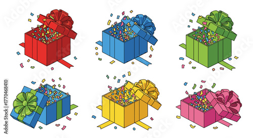 Vibrant gift boxes bursting with colorful confetti create dynamic celebration scenes perfect for party invitations, holiday greetings, or special event promotions