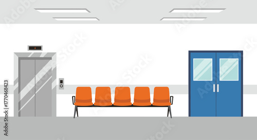 Modern waiting area with elevator and double doors, creating a clean professional environment for any business or institutional setting