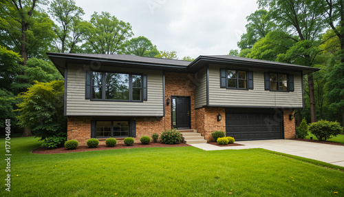 Modern split level house with attached garage surrounded by lush green trees