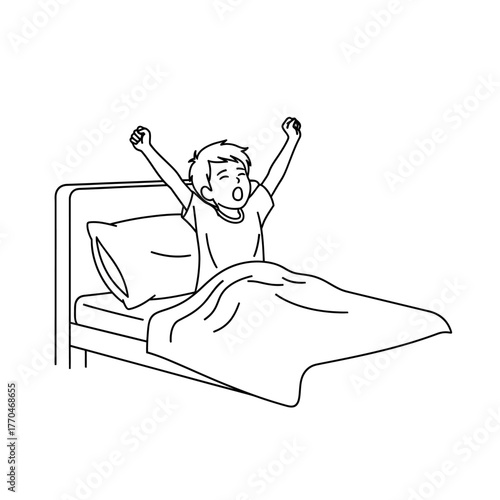 Line Art of a Boy Waking Up and Stretching in Bed - Minimalist Outline Vector Sketch