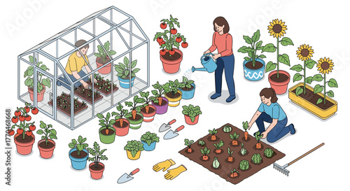 Joyful gardeners cultivating vibrant vegetables and sunflowers in a greenhouse and garden, a celebration of growth and nature's bounty