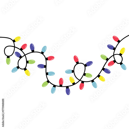 Christmas lights banner. Colorful string fairy light. Lightbulb hanging glowing garland. Cartoon decoration greeting card template. Xmas sign symbol. Simple flat design. White background. Vector