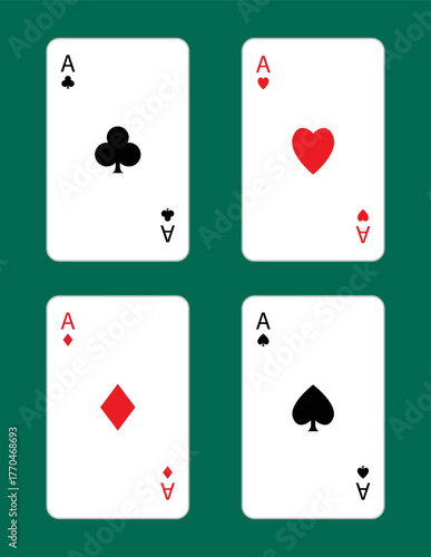 Playing card set. Poker cards suits. Four aces icon. Hearts, clubs, diamonds, spades ace. Winning poker hand. Las Vegas Casino gambling concept. Simple flat design. Green table background. Vector