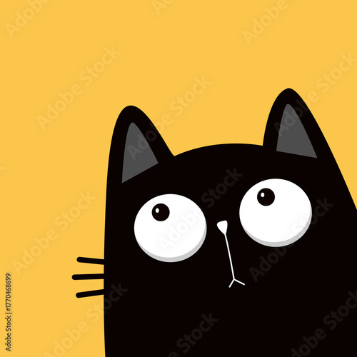 Cat head peeking out from around the corner. Cute Kawaii baby pet animal. Big eyes. Black kitten sad face. Cartoon character. Sticker, tshirt, greeting card print. Flat design. Yellow background Vecto