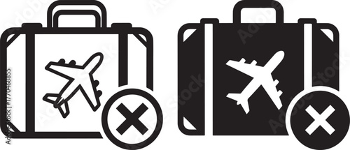 Two suitcases with airplane and cross mark silhouette