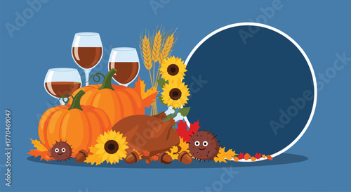 A festive autumn harvest spread with pumpkins, wine, roasted turkey, and fall foliage surrounding a customizable circular frame.