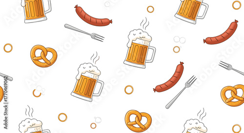 Seamless pattern featuring various elements of a German Oktoberfest celebration, including beer mugs, sausages, pretzels, and forks on a white background.