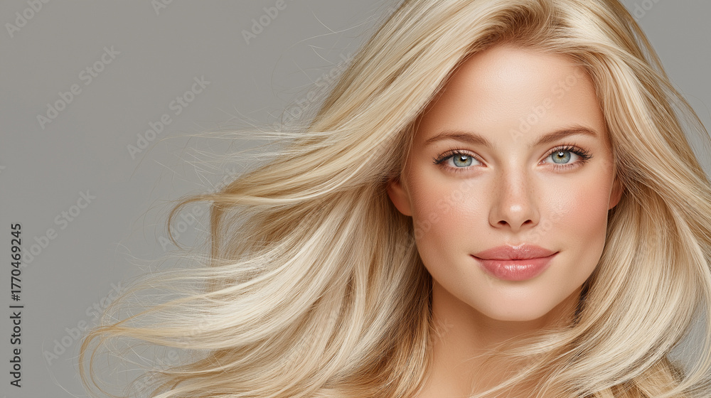 Naklejka premium Glamorous blonde woman portrait with flowing hair and soft studio lighting.
