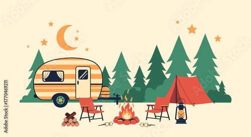 A cozy night camping scene in a forest with a camper van, tent, campfire, chairs, and a starry sky.