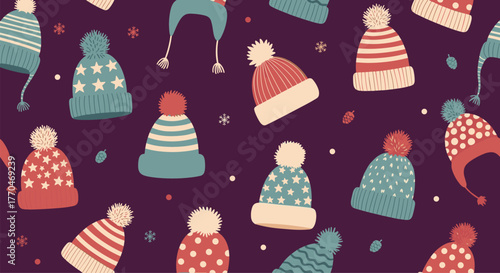 A festive and cozy seamless pattern featuring various winter hats, including striped, starred, and polka-dotted designs, on a dark purple background.