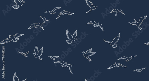 Hand-drawn flying birds, including doves and seagulls, in a seamless white line art pattern on a dark blue background.