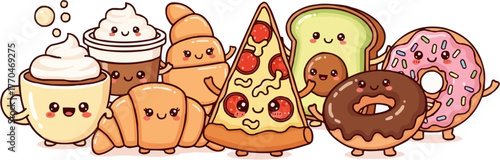 Adorable vector illustration of various sweet and savory foods depicted as cute kawaii characters: coffee, toast, donut, avocado, taco, and pie. Perfect for menus, stickers, and kid-friendly design.