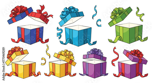 Unbox joy and excitement with vibrant, colorful gift boxes bursting with celebratory ribbons and confetti, perfect for any special occasion