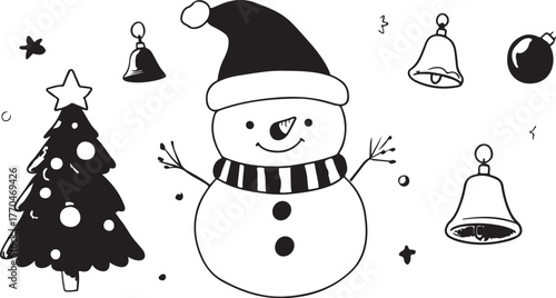 Cute vector illustration of a set of funny snowman Christmas holiday decoration wearing a scarf and hat in the winter season