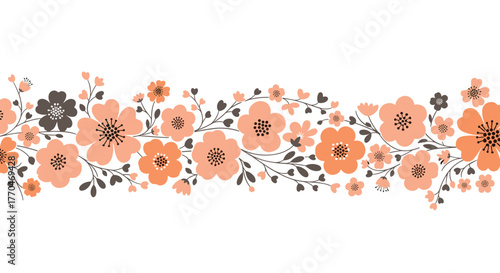 A seamless horizontal floral border with peach and dark gray flowers and delicate foliage on a white background, perfect for spring and summer designs.