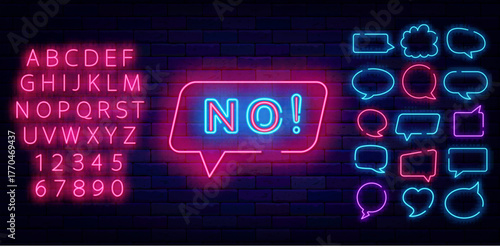 No neon label. Denial and fail. Online chat message. Shiny pink alphabet. Speech bubble frames. Vector stock illustration