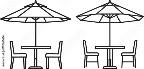 Outdoor cafe tables and umbrellas silhouette