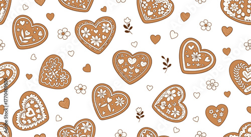 Adorable gingerbread heart cookies with intricate white icing and floral patterns create a delightful seamless design on a clean white background.