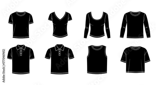 Collection of black blank t-shirt and polo shirt templates for clothing design. Set of apparel mockups including long sleeve, v-neck, and tank top icons