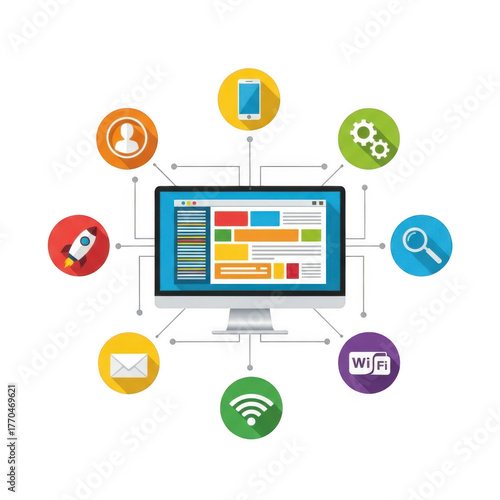 Computer displaying website surrounded by icons representing various online services isolated on transparent background