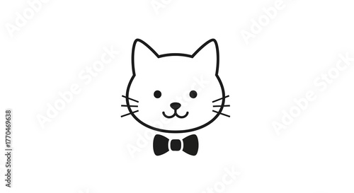 A simple and adorable line art illustration of a cute cat's face wearing a bow tie, perfect for various design needs
