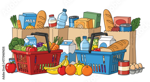 Stock up on fresh groceries, vibrant fruits, and pantry essentials with overflowing shopping baskets and bags