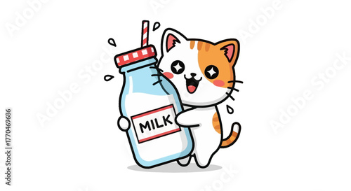 Cheerful cartoon cat happily holding a refreshing bottle of milk with a straw, expressing pure joy and satisfaction, perfect for a delightful design or playful content