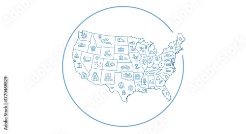 Minimalist infographic map of the United States illustrated with simple line art icons representing each state's culture and landmarks