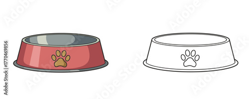 Hand drawn sketch style pet food bowl with paw print and colored steel feeding bowl illustration for animals