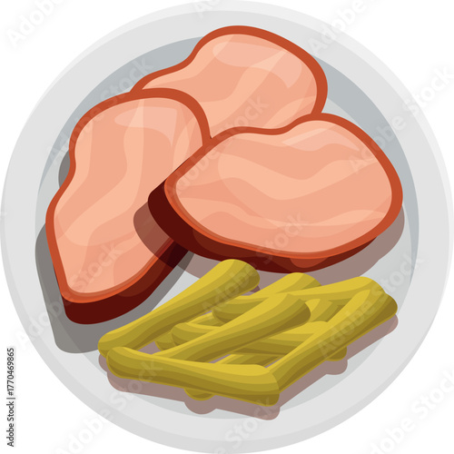 Slices of roasted pork loin served with asparagus, offering a healthy and flavorful culinary experience