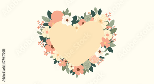 Soft pastel floral heart-shaped frame with various blossoms and leaves, enclosing a blank yellow center on a cream background, ideal for greetings or messages.