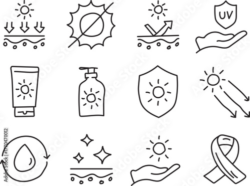 Hand Drawn UV Protection and Skincare Line Icons Set – Sun Safety and Dermatology Care Symbols