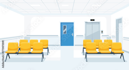 Modern waiting room with yellow chairs, blue door, and elevator, perfect for healthcare or corporate settings