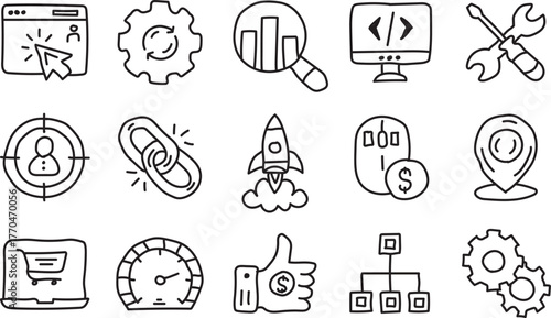 Hand Drawn Digital Marketing and SEO Line Icons Set – Business Growth and Web Development Symbols