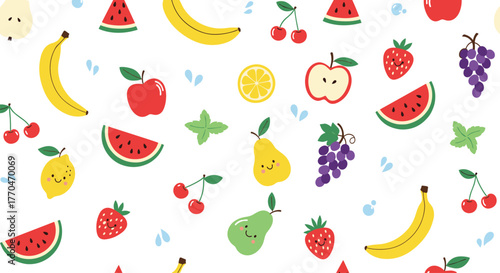 A fun and vibrant seamless pattern of various cartoon fruits like bananas, apples, watermelons, and berries, with water droplets on white.