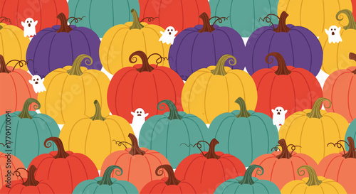 A festive and colorful seamless pattern featuring various pumpkins and adorable ghosts, perfect for Halloween and fall season designs.
