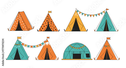 A colorful collection of diverse cartoon camping tents, adorned with flags and festive bunting, perfect for outdoor adventure and travel themes.