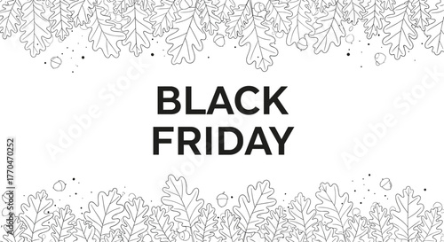 Black Friday sale banner with minimalist line art oak leaves and acorns, creating an autumnal and elegant background for seasonal shopping events.