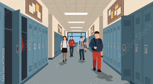 Students walk down a bright school hallway lined with blue lockers, reflecting a vibrant educational atmosphere and student life