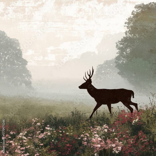Silhouette of a deer in a misty meadow with wildflowers.