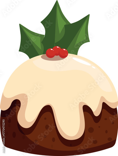 Delicious christmas pudding with custard, holly, and berries, perfect for holiday celebrations