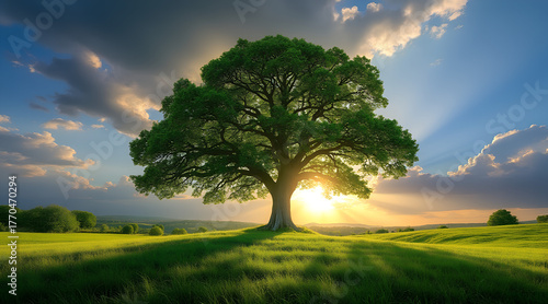 Majestic ancient oak tree bathed in golden sunset light on a rolling green hill, inspiring peace and natural beauty.