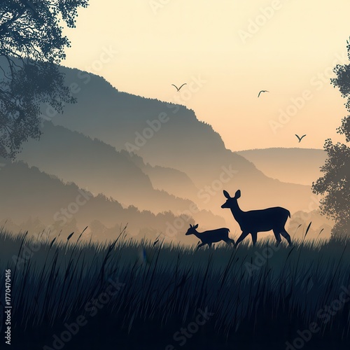 Silhouette of deer in a landscape at sunrise.