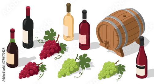 Exquisite wine bottles, plump grapes, and a classic oak barrel, perfect for celebrating vineyard traditions and culinary delights