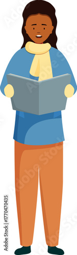 Young woman singing christmas carols, holding a songbook, wearing winter clothes and a scarf